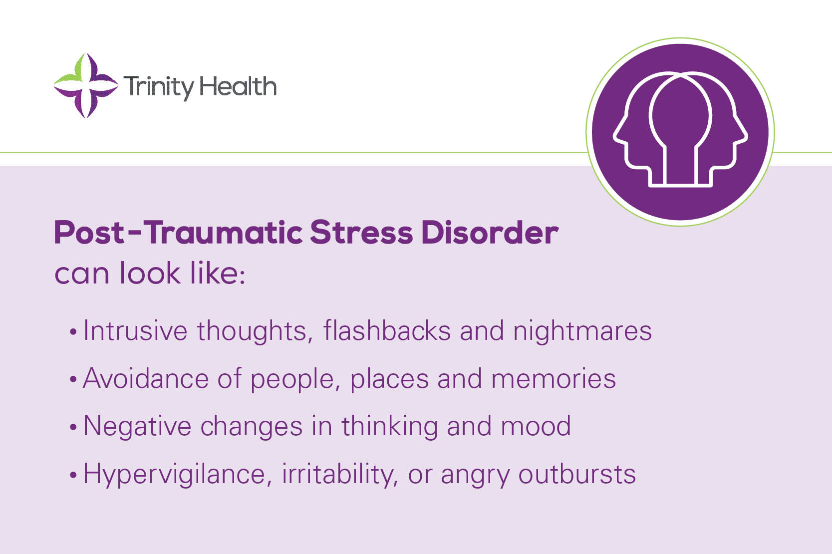 Infographic from Trinity Health listing symptoms of PTSD, including intrusive thoughts, avoidance, negative mood changes, and hypervigilance.