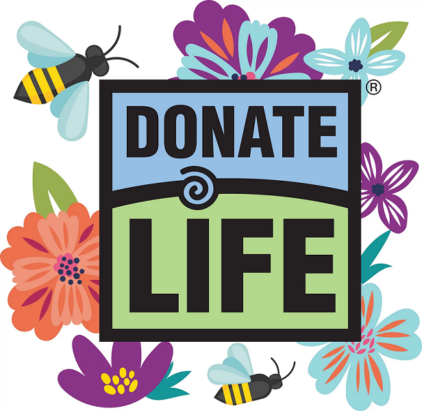 Donate Life logo surrounded by drawn bees and flowers.